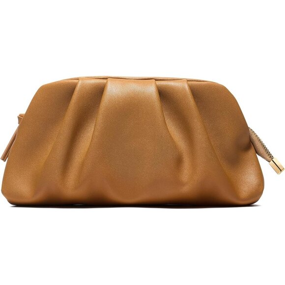 ⚡Women\'s Soft Pleated Vegan Leather Zipper Closure Evening Brown Clutch Bag